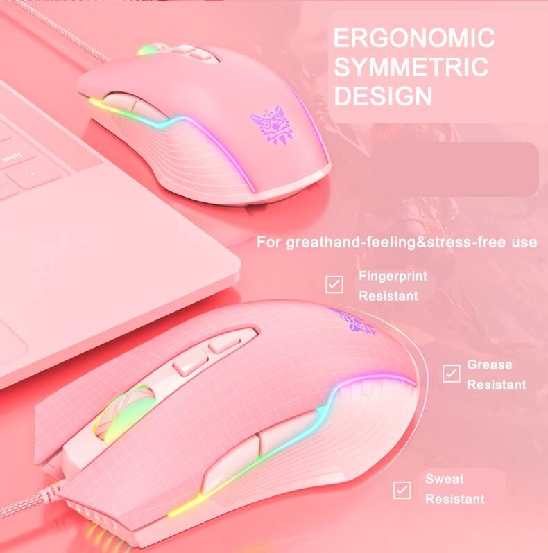 Onikuma CW905 Pink RGB Wired Gaming Mouse USB Game Mice 7 Buttons Breathing LED Colors for Laptop PC Gamer