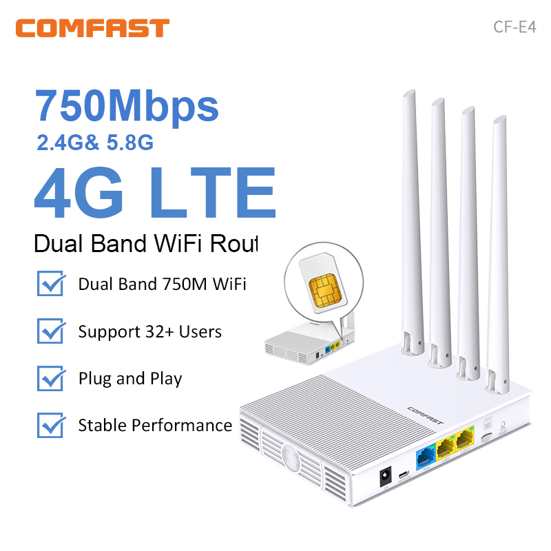 comfast 4g Lte Modem 150M z kartą SIM 2.4G/5.8G 750M Zewnętrzny przenośny router bezprzewodowy do Internetu 4 anteny 32 użytkowników Plug&Play