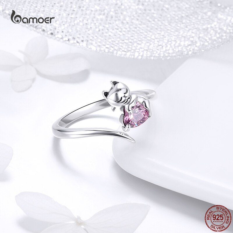 Bamoer anello in argento rosa gatto carino per ragazza Clear CZ anello in argento Sterling 925 a forma di cuore regalo squisito per gioielli da festa regolabile