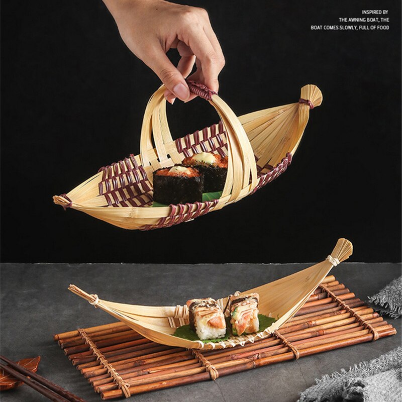 Geweven Producten Handgemaakte Bamboe Mand Boerderij Servies Sashimi Plaat Decoratie Japanse Bamboe Bento Sushi Zeevruchten Boot