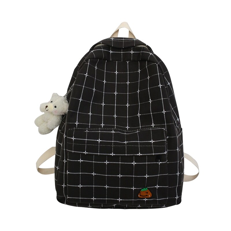 Dcimor Plaid Canvas Vrouwen Rugzak Vrouwelijke Prachtige Borduurwerk Schooltas Voor Tiener Meisjes Mochila Grote Capaciteit Reistas: black / With bear pendant