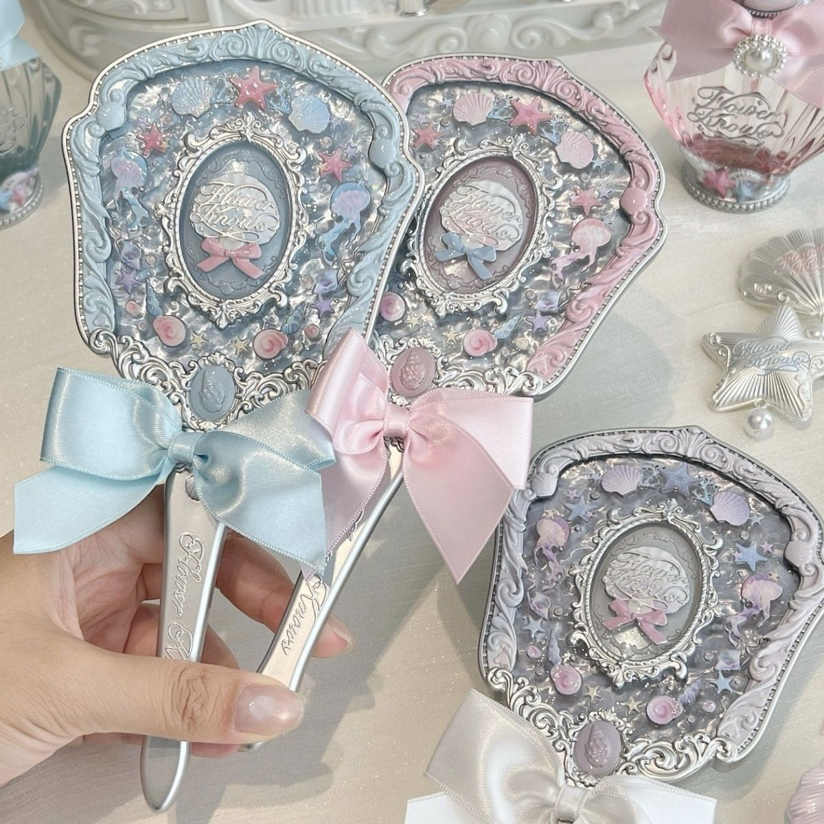 Flower Knows Mirror Moonlight Mermaid Collection Handheld Mirror Limited White Blue Pink Chocolate Fairy Mirror