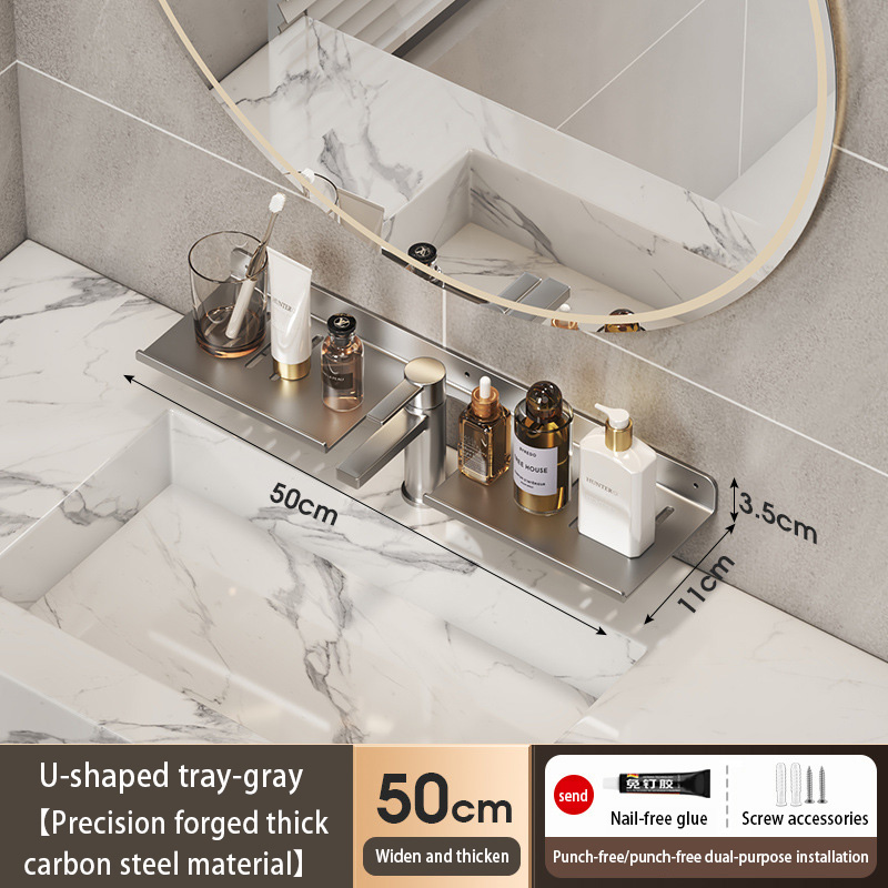 Bathroom U-Shaped Rack Wall Mount Floating Shelf Over Sink Organizer Wash Basin Groove Rack Punch-Free Storage Accessories: DEEP BLUE