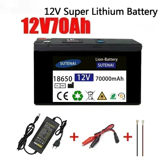 12V Battery 120Ah 18650 lithium battery pack Rechargeable battery for solar energy electric vehicle battery+12.6v3A charger: Blue