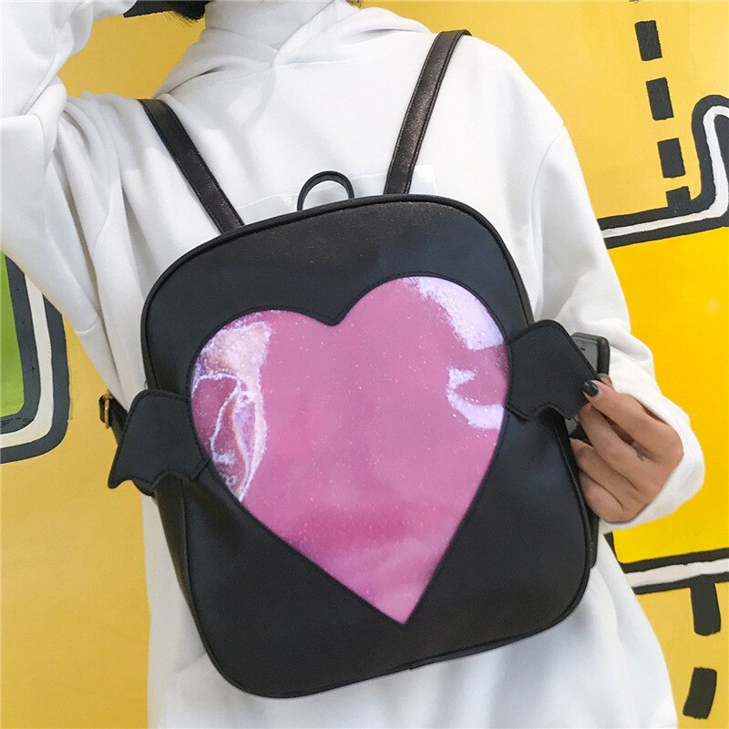 MSMO 'Ita-bag' Glitter Klar Klappe Flügel Rucksack Japan Harajuku Mädchen Kawaii Bling Transparent Liebe Schule Tasche