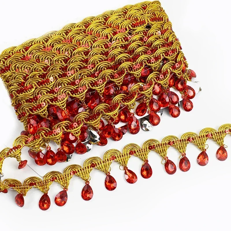 Ruban de dentelle perlé avec pompon biscuits, garniture à franges pour rideau, décoration de robe de mariée, accessoires de couture bricolage, 3 m, 9m, 45mm: Laiton / XS