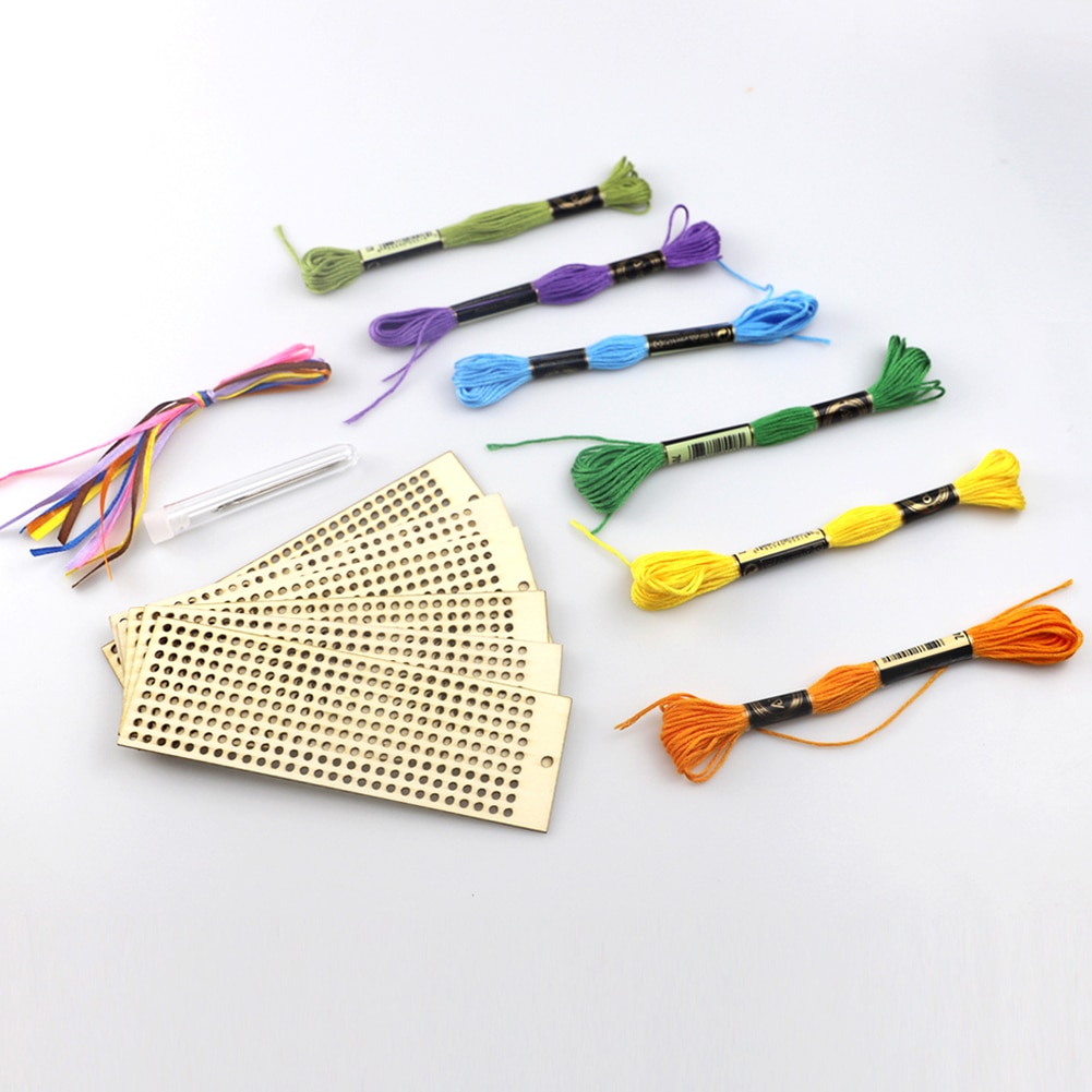 6Pcs Wood Rectangle Bookmark Cross Stitch Embroidery DIY Material Children Craft Art Kit Home Decoration Pendant Crafts