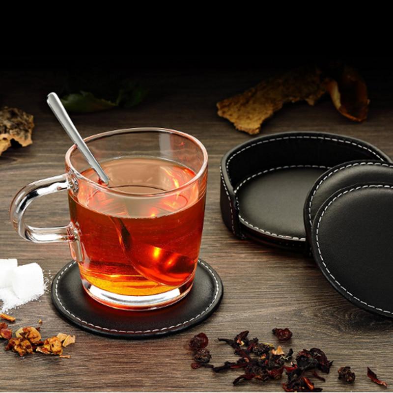 7 stk lær koppematter pu lær drikke dalbane sett holder cupcoaster sklisikker rund kaffekopp matte sett svart bordplate