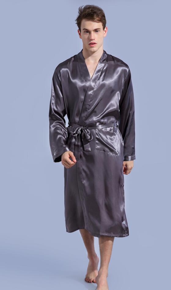 Hvit ensfarget langermet kinesisk herre rayon-kåpe kjole mannlig kimono badekåpe nattøy nattøy pyjamas sml xl xxl: Xl / Grå