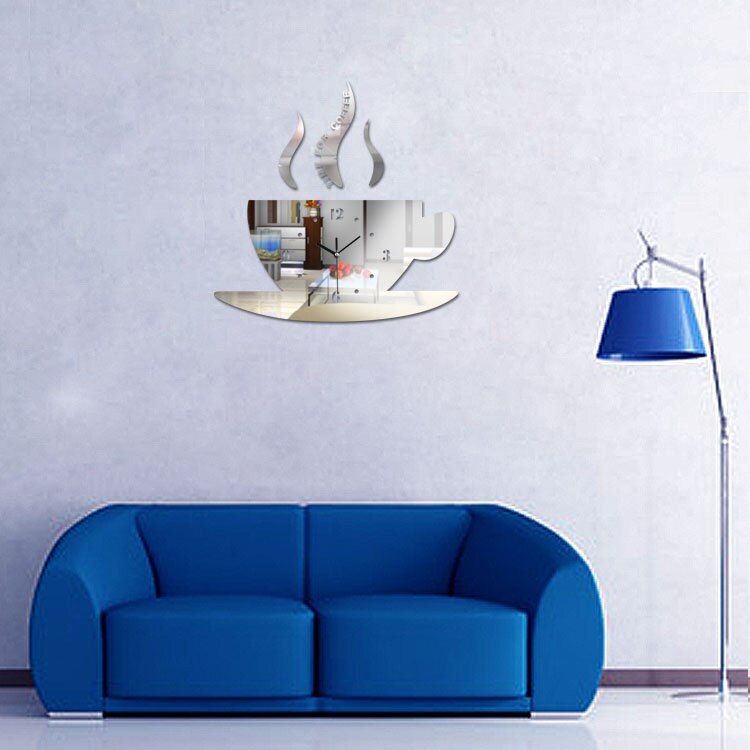 DIY Home Decor Wall Sticker Clock Mirror Effect Coffee Cup Shape Large Decorative Wall Clocks for Living Room
