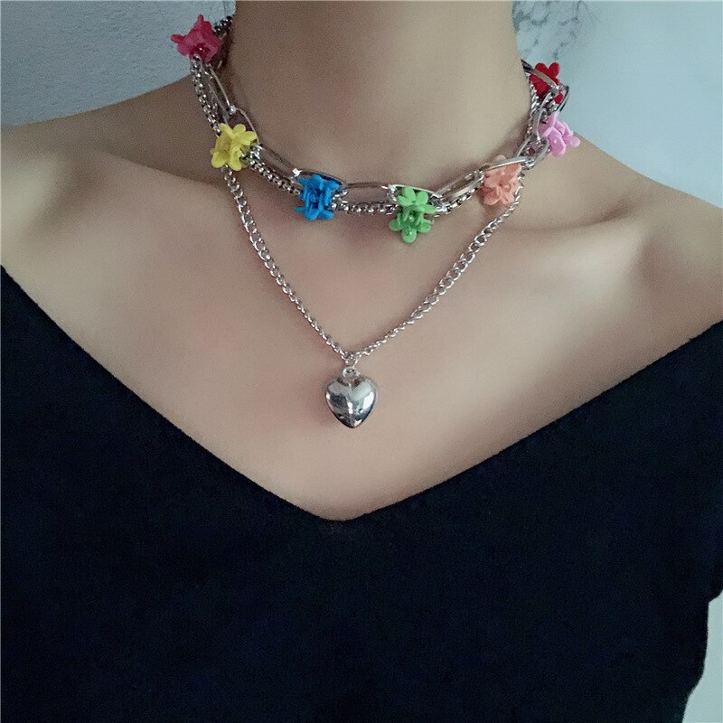 Kleurrijke Bloem Clip Multi-layer Hart Hanger Ketting Metalen Lijn Lock Chain Kettingen Voor Vrouwen Koreaanse Sieraden