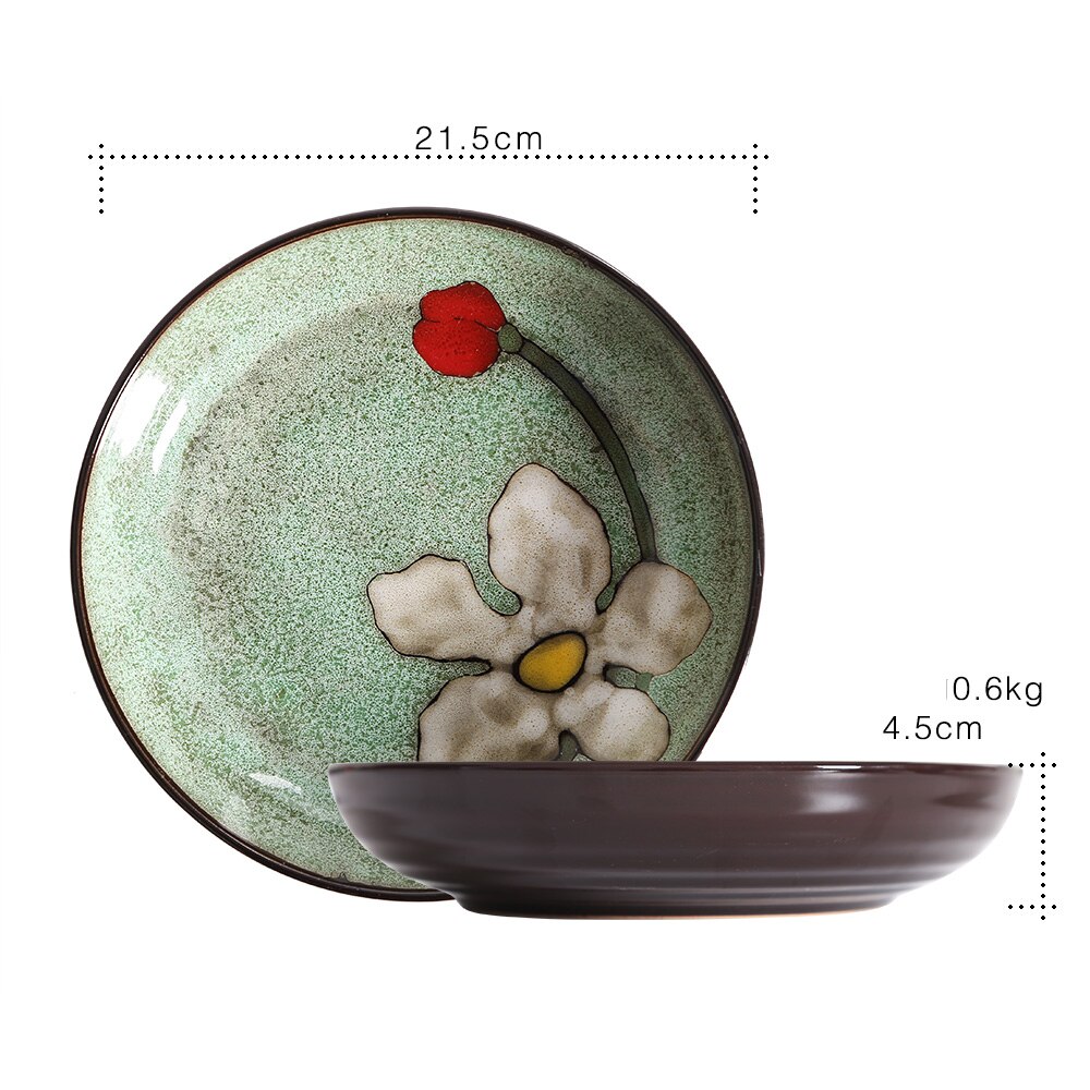 Kiln Glaze Japanese Ceramic Tableware Home Use Crockery Salad Bowl Spoon Steak Plate Set Dishes Hand Painted Floral Pattern: F
