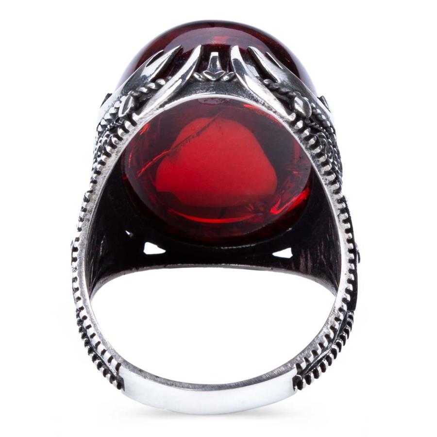 925 Sterling Silver Red Zircon Stone Men's Ring with Zulfiqar Sword Zirconia Ring for Men Silver Ring