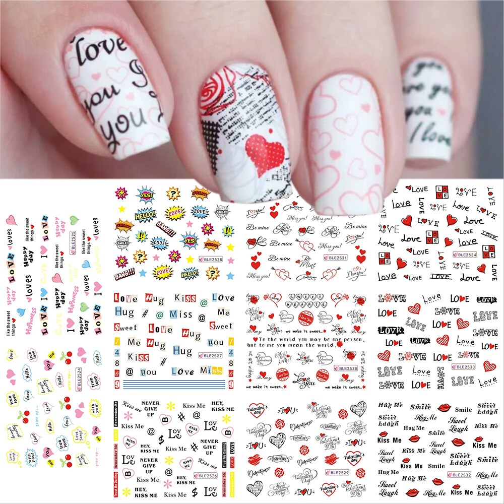 12Pcs Valentines Sliders Voor Nagels Liefde Harten Nail Stickers Letters Transfer Decals Nail Art Voor Manicure GLBLE2524-2534