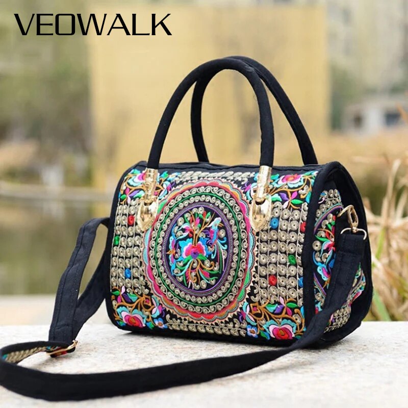 Veowalk-Bolso de mano bohemio para mujer, bolsa de lona bordada con flores, Estilo Vintage, Casual, étnico, para compras, con cremallera, bolso de viaje