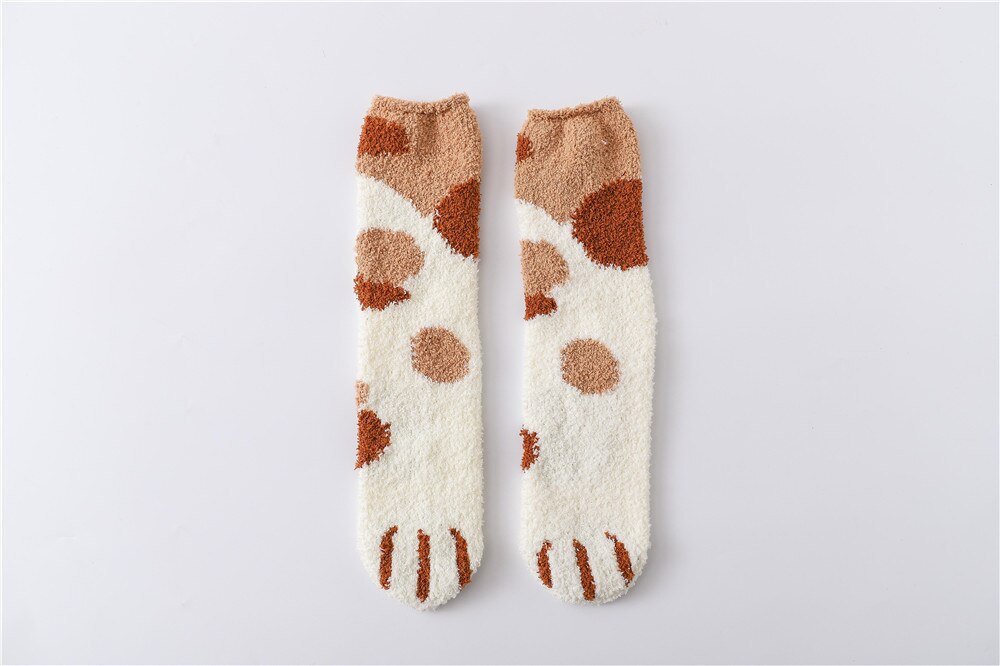 1 par blød plys koral fleece sokker pige rør sokker efterår vinter kat kløer søde tykke varme sovende gulv søvn sokker: Brune prikker