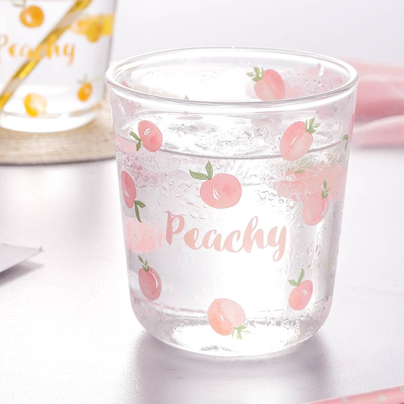 450ml Fruit Printed Glass Cup Transparent Glass Cuffee Mug Flower Tea Juices Milk Cup Breakfast Drinkware Xmas