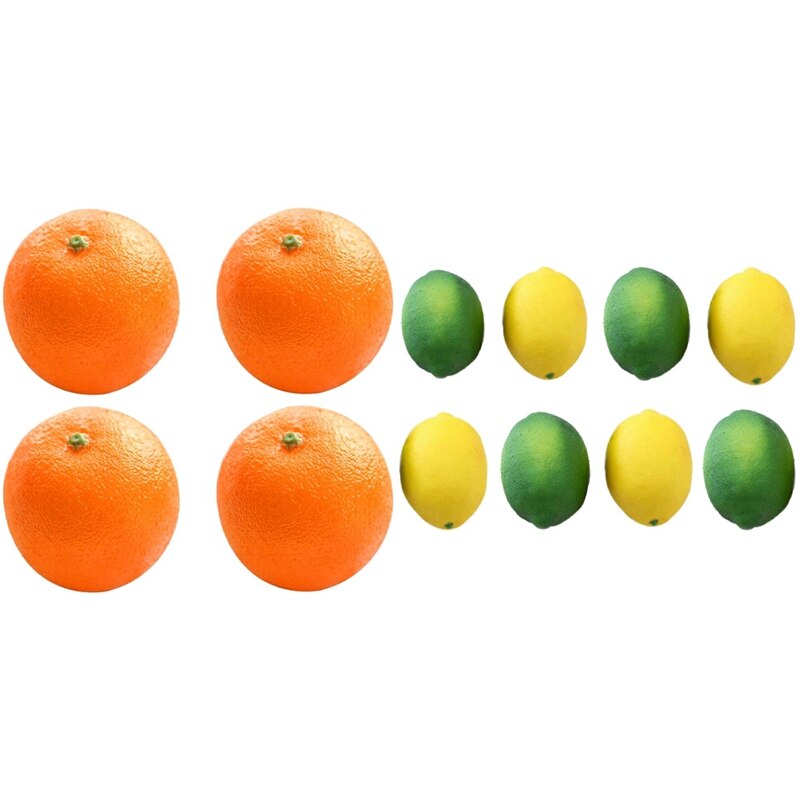 AT69 -4 Stuks Foam Simulatie Oranje Fruit & 8 Stuks Kunstmatige Nep Citroenen Limoenen Fruit Geel + Groen