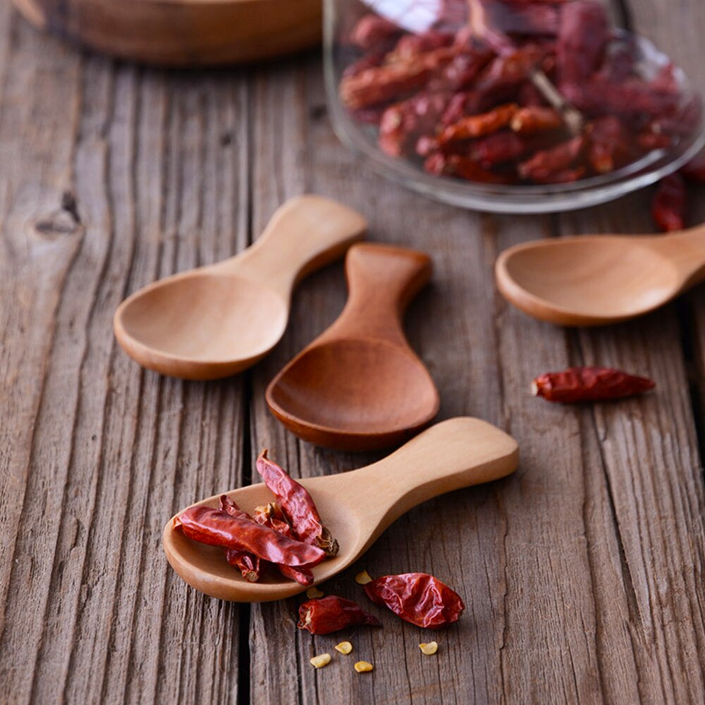 6 Pcs Wooden Condiments Seasoning Spoon Small Solid Wood Sugar Tea Coffee Jam Scoop Cooking Tool Kitchen Gadgets