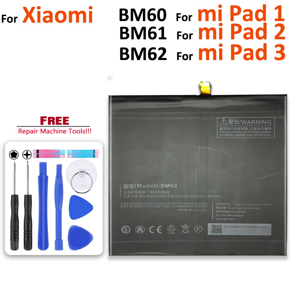 6600mAh Tablet Replacement Battery BM60 BM61 BM62 BN60 For Xiaomi miPad 1 2 3 4 miPad MEC91 Polymer Li-ion Batery mi Tab 1 2 3 4