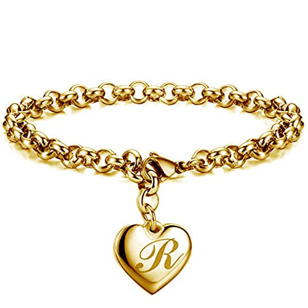 Bracelet avec lettres de l'alphabet en acier inoxydable, 26 lettres, breloque initiale, couleur or, pour femmes et filles, pour enfants: R