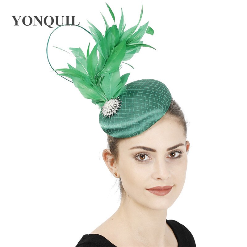 Satin Green Wedding Fascinator Hat Bridal Headpiece With Fancy Feather Hair Accessories Formal Chuch Occasion