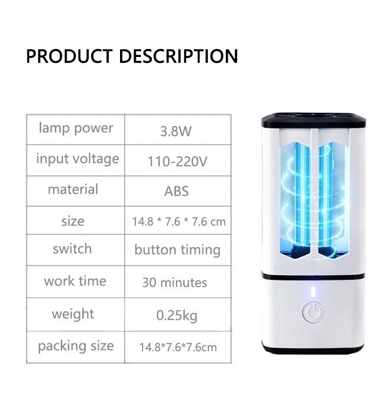 3.8W UVC Quatrz Sterilizer Desinfecting Lamp Ozone UV Bactericidal Portable Ultraviolet Lamps Germicidal Light Room Hospital