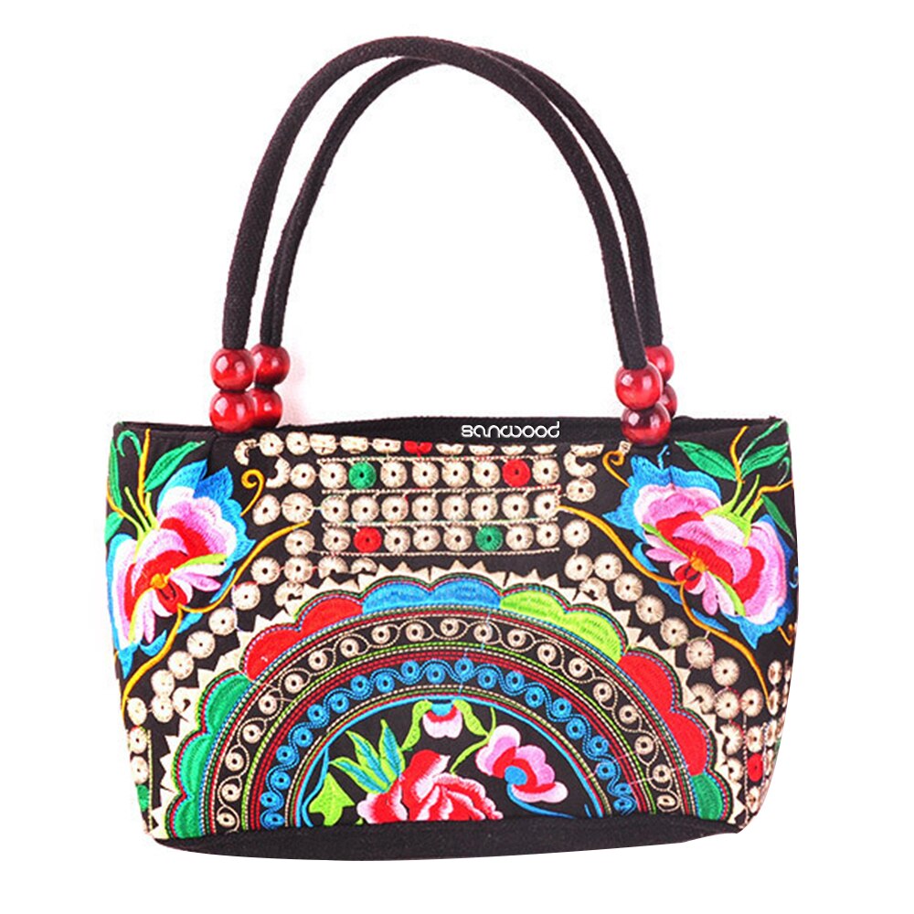 Double-Sided Canvas Flower Print Embroidery Ethnic Style Retro Handbag Small Bag