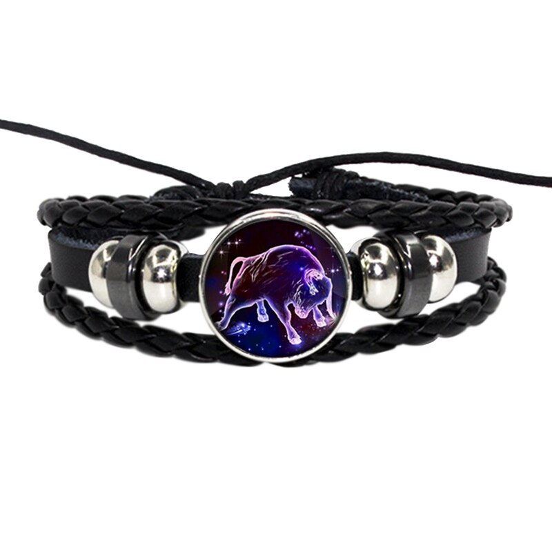 Luminosos 12 signos del zodiaco pulsera que brillan en la constelación oscura cabujón de cristal botón a presión pulseras de cuero de cumpleaños