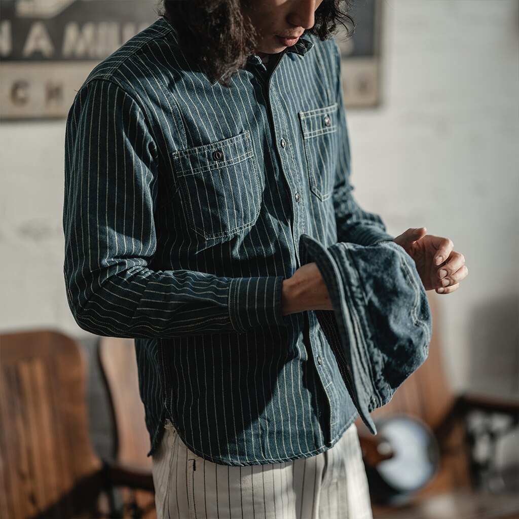 Bronson 9 unzen Wabash Baumwolle entlüften See Arbeiter Hemd lässig Jahrgang Denim Gestreiften Arbeit-Hemden