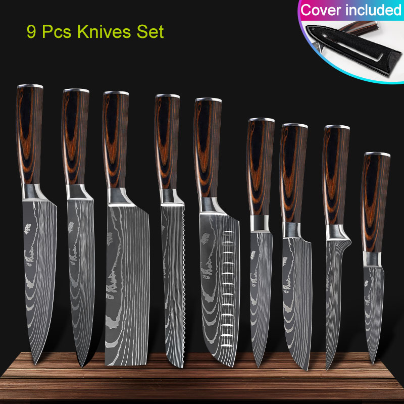 Köksknivar set kockknivar rostfritt stål imitation damaskus mönster santoku klyv skärning verktygsknivar