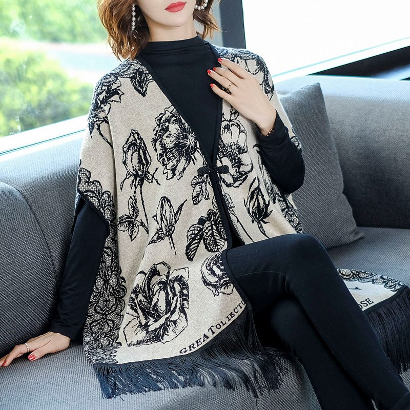 årgang frynset strikket kappe floral poncho flaggermus-ermer dusker kappe cardigan genser sjal kvinne kåpe  l3971: misligholde tittel