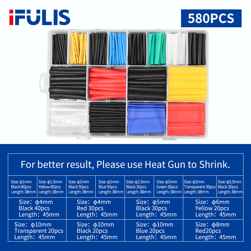 Tubes thermorétractables pour isolation, 800/780/580 pièces, gaine rétractable pour câble de voiture 2:1, plusieurs couleurs: 580PCS (Box)