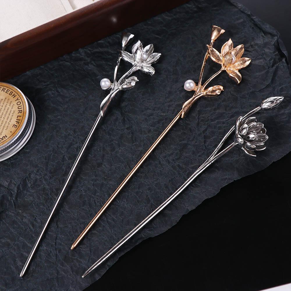 Herramienta de de peinado de loto y flor de perla antigua, horquilla de Metal, palillos para el cabello Hanfu, horquilla de estilo antiguo, tocado de estilo chino