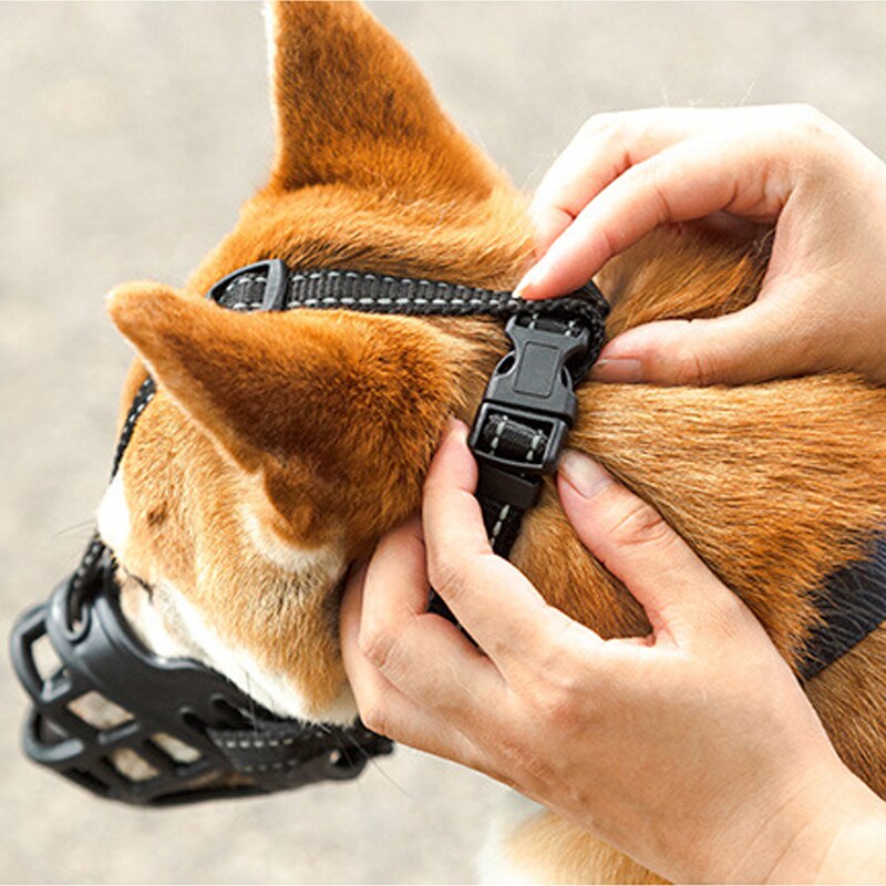 Dog Muzzle Soft Silicone Basket Prevent Barking Biting and Chewing Allow Drinking and Panting Adjustable Reflective Neck Strap