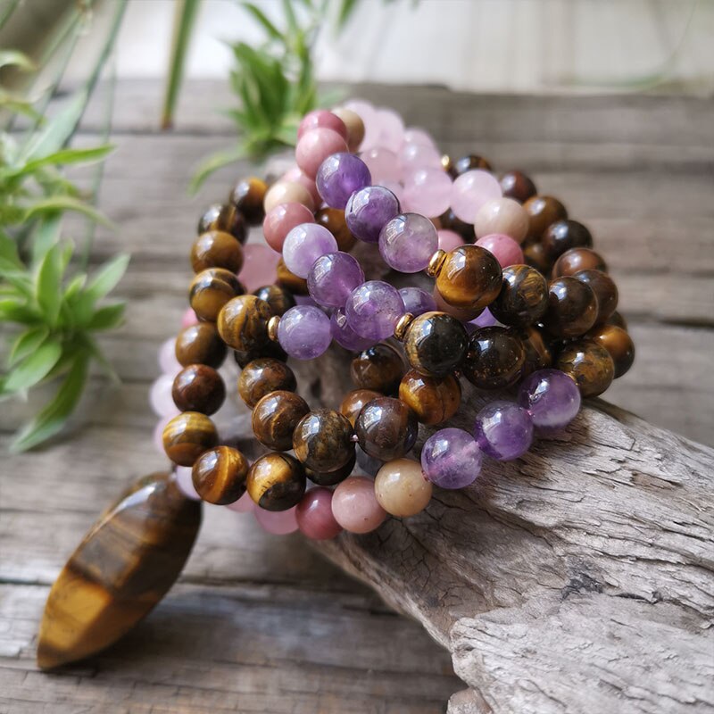 8mm Natural Stone Beads,Tigers Eye Pendant Necklace,Amethyst,Charming Bracelet,Spiritual Power Jewelry,108 Mala Beads