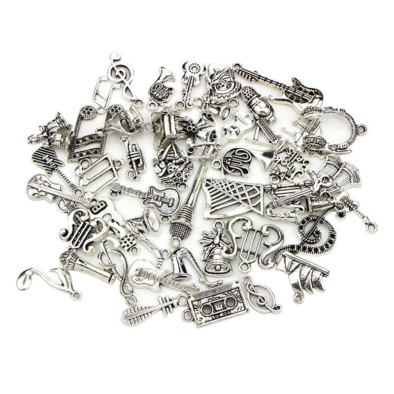 50pcs/lot Mix Musical Charms Vintage Instruments Pendant Microphone Guitar Violin DIY Jewelry Making