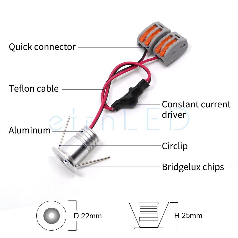 etrnLED Interior Led Spotlights 1W Mini 12V 24V Recessed Ceiling Spot Lamp Hidden Stair Showcase Display Light with Connector