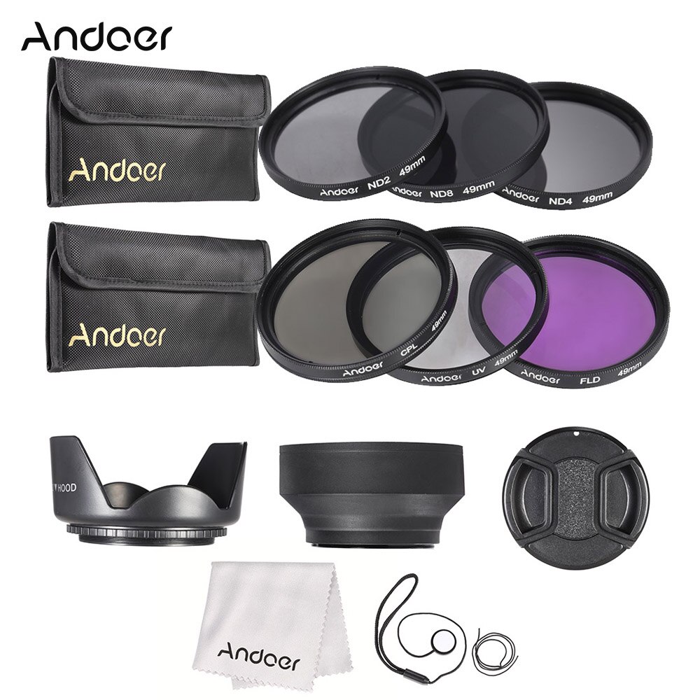 Andoer 49mm-77mm filtr obiektywu zestaw UV + CPL + FLD + ND (ND2 ND4 ND8) z pokrywką obiektywu uchwyt robić mocowania obiektywu tulipan gumową osłoną obiektywu ściereczka robić czyszczenia