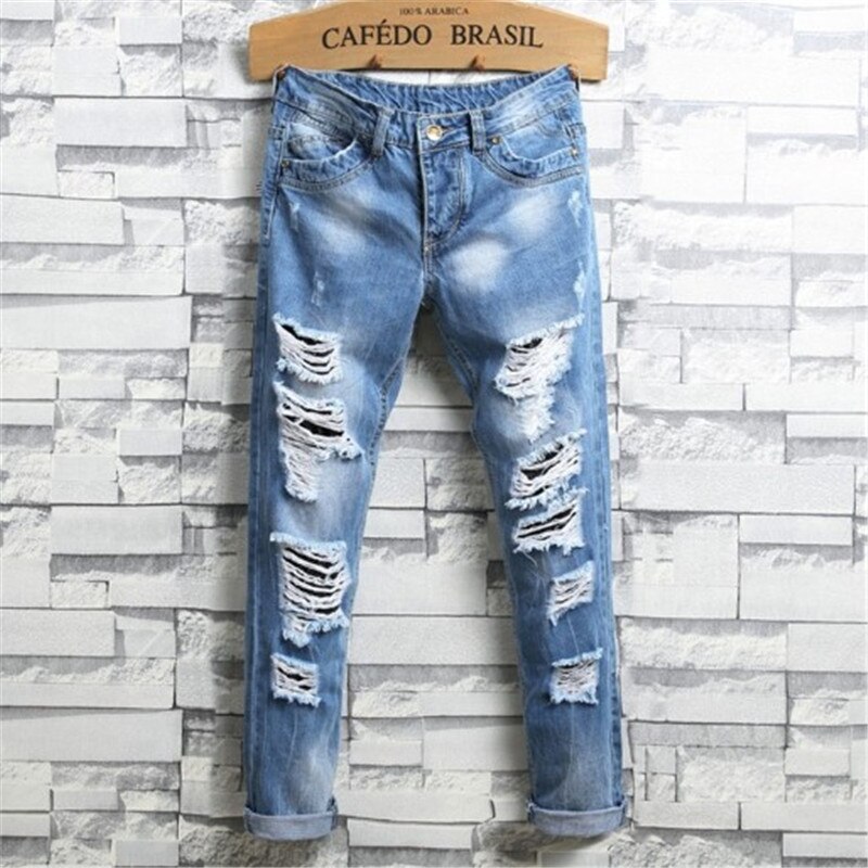 Original Style Worn-Out Middle-Waist Jeans European American Summer Light Blue Ripped Denim Pants Fashionable Trouser