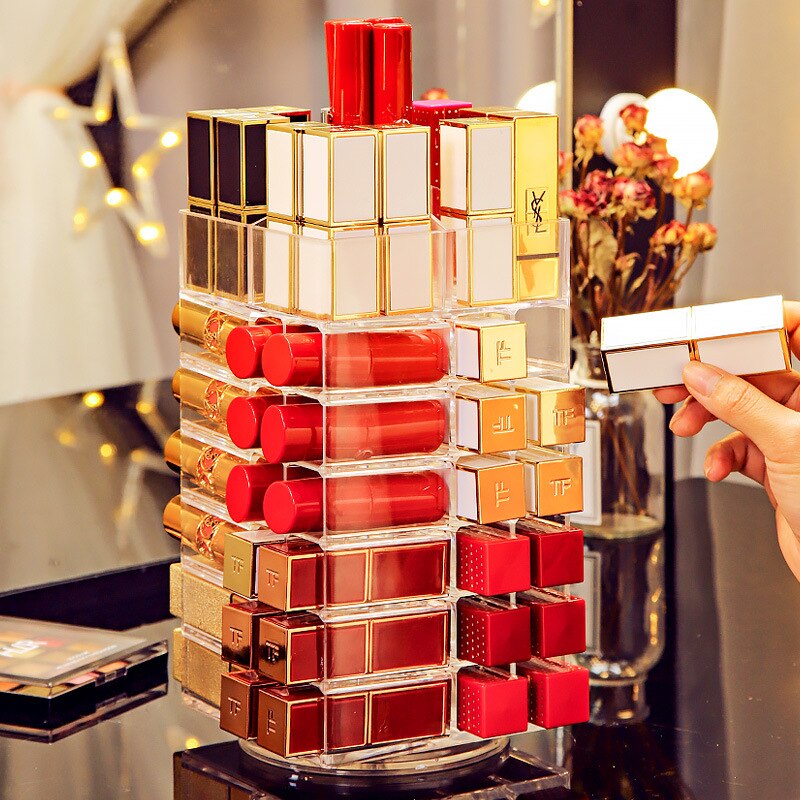 Tour de rangement pour rouge à lèvres en acrylique, 53 grilles, présentoir rotatif à 360 degrés pour maquillage, brillant à lèvres, organisateur de vernis à ongles, vitrine de cosmétiques