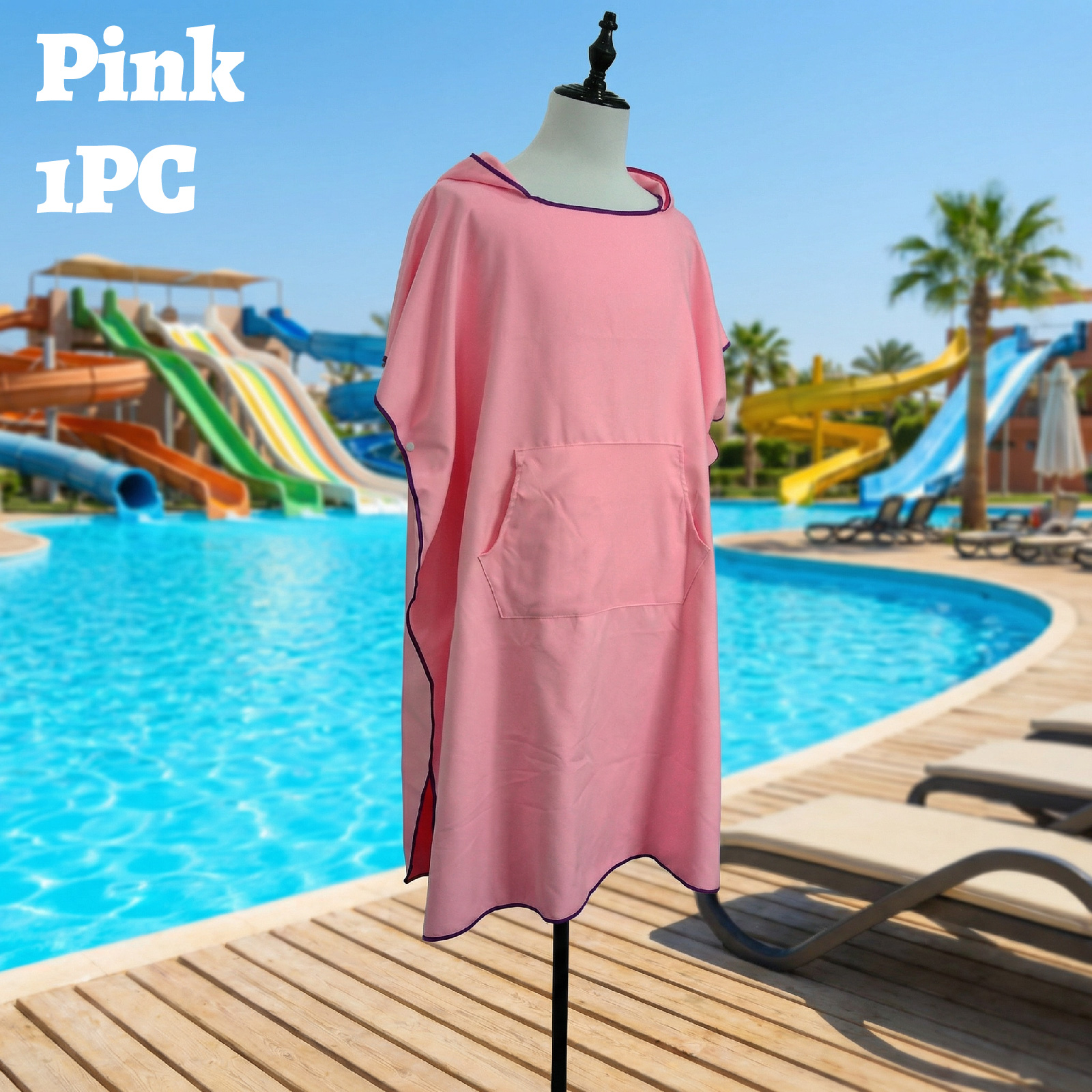 Grijze snel drogende strandponcho, lichtgewicht oversized badjas met zakken, surfhanddoek, omslagdoek, zonnedeken: Roze