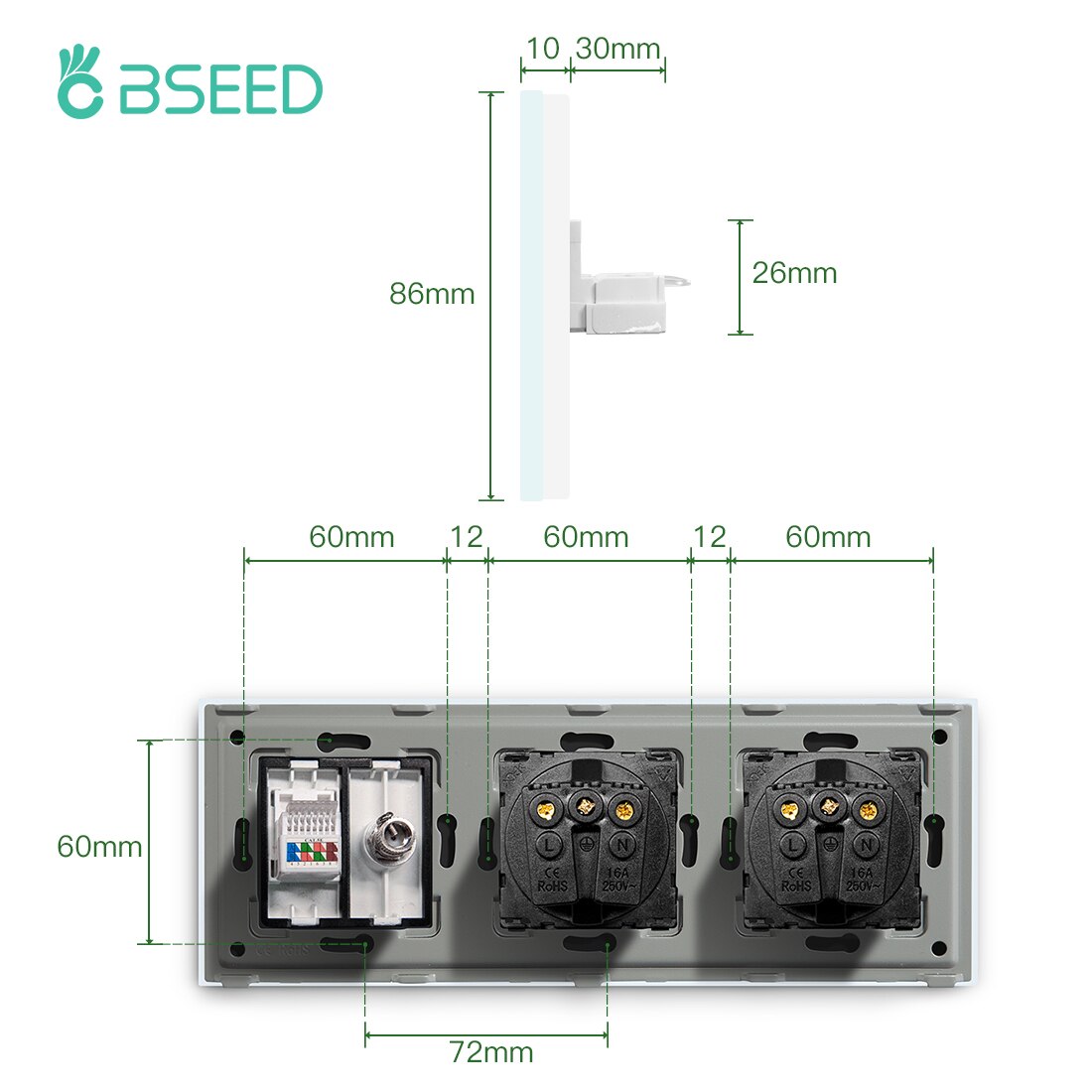 BSEED Double Wall Socket With TV PC Socket EU Standard Crystal Glass Panel Electrical Outlet White Black Golden 110V 250V