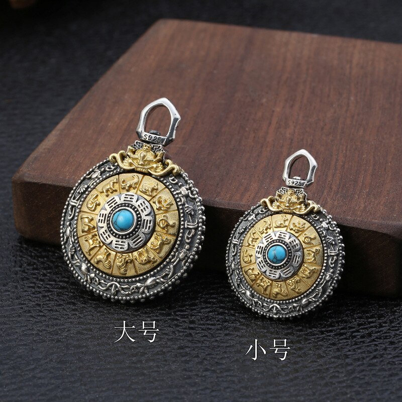 S925 Sterling Zilver Thai Zilver Graveren Zodiac Manjusri Negen Paleis Cirkel Hanger Draaien De Boeddhisme Ronde Ketting