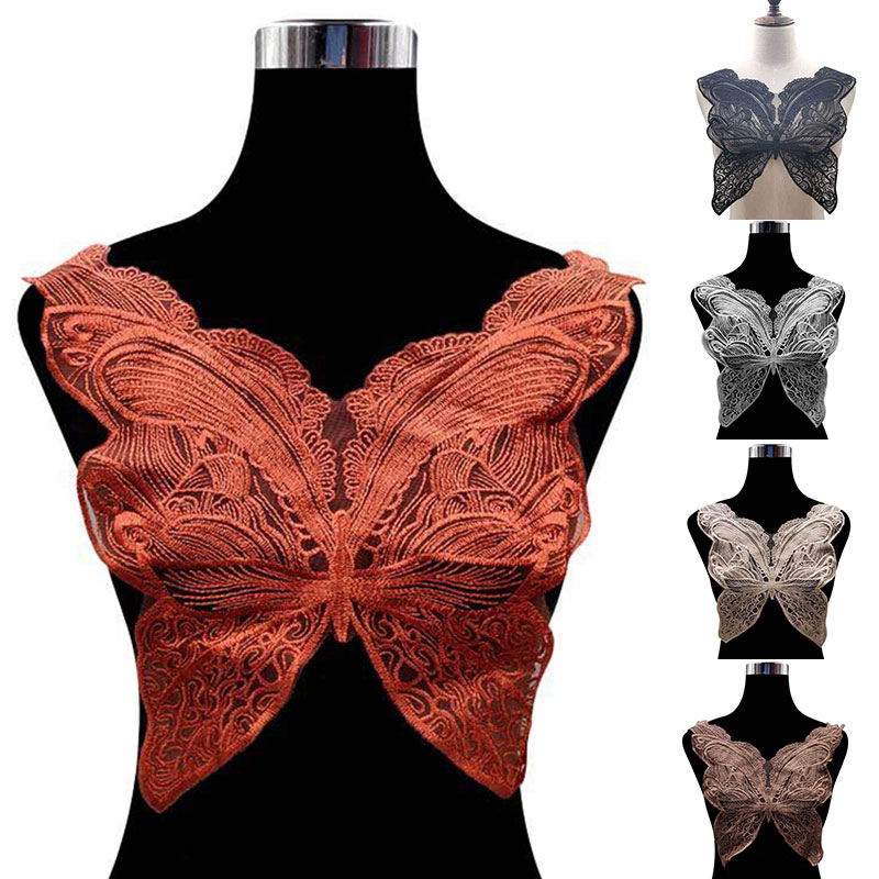 Tela de encaje de guipur para costura de ropa, apliques de cuello de mariposa, bordado, color negro