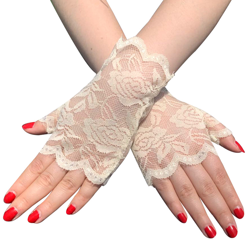 Best Sailor Dance Long Fingerless Womens Sexy Lace Gloves Ladies Half Finger Fishnet Gloves Heated Mesh Mitten Handschoenen: Nude