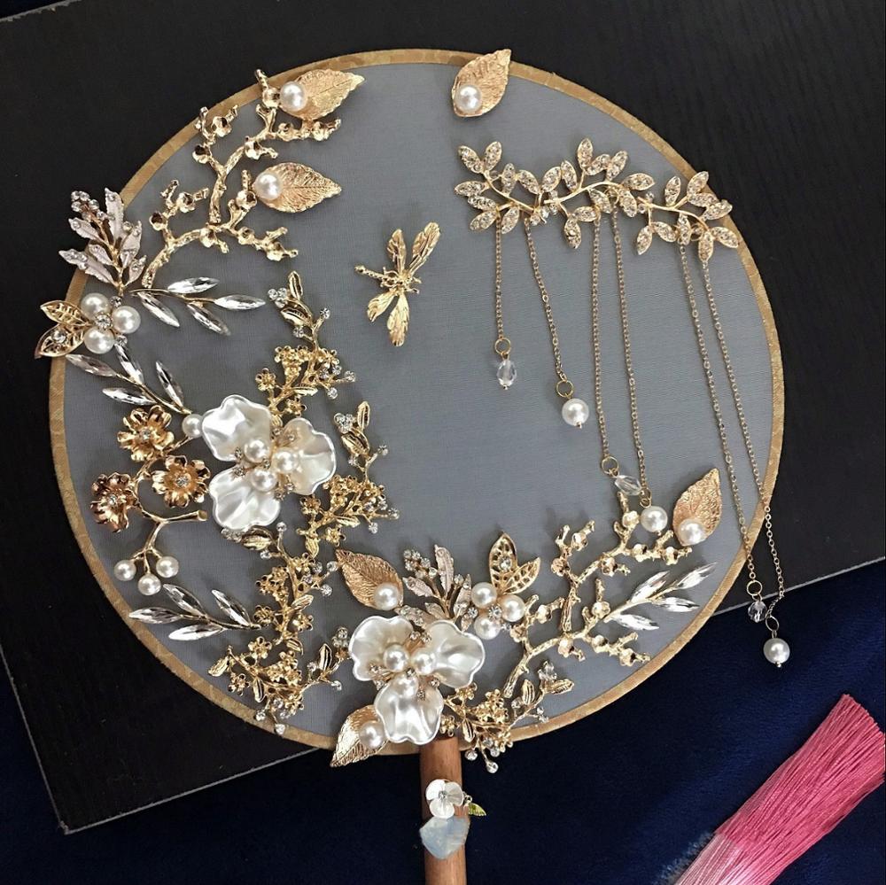 JaneVini-ramo de flores hecho a mano con cuentas de oro chino, accesorios de boda, perlas, Metal, redondos