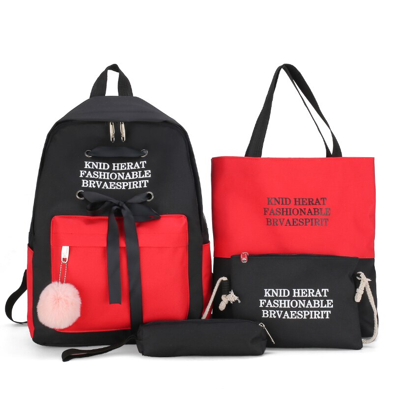 4 delar uppsättningar skolväskor ryggsäck 15.6 tum bärbar datorväska kvinnlig ryggsäck skolväska för tonårsflickor: 4 set svart