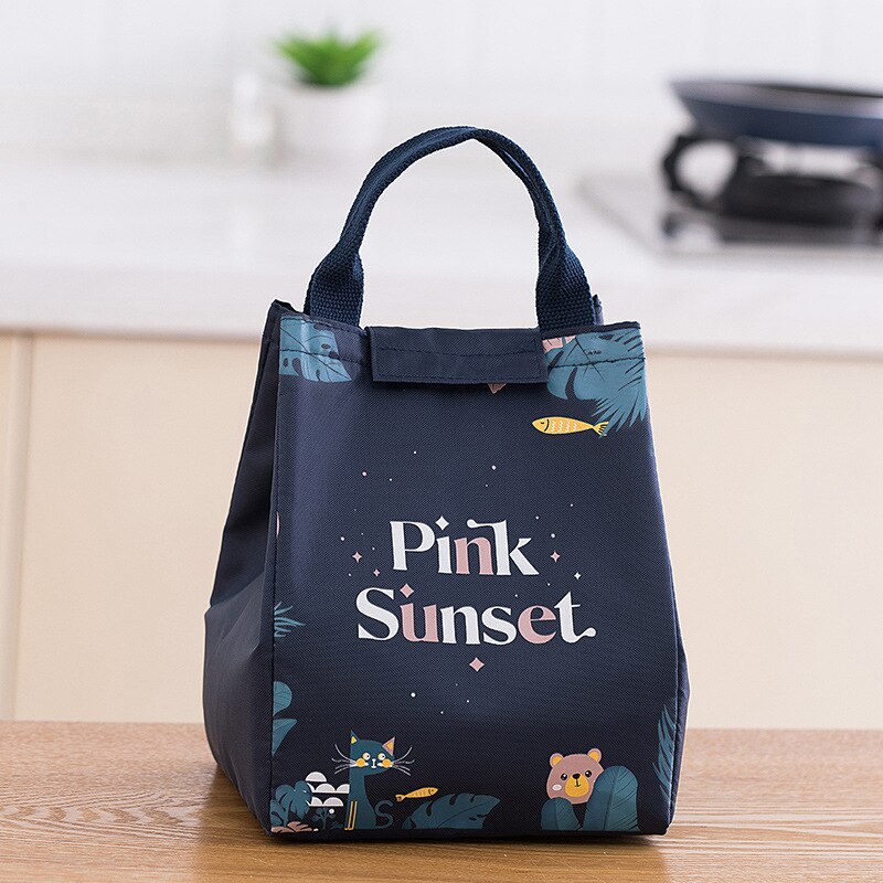 Maio con de bosque, nuevos bolsos para la comida para mujer, nevera para alimentos para niños, bolsa de caja de almuerzo, nevera, fiambrera, bolsa de asas portátil aislante: Sunset