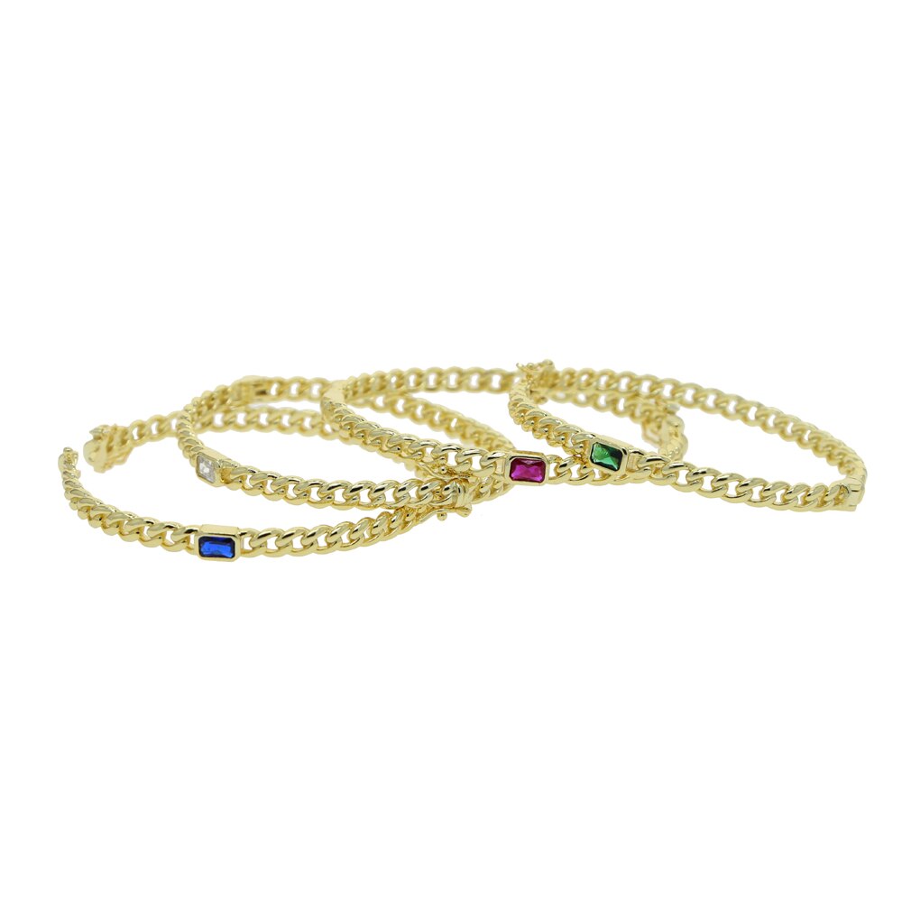 Gold-colored cuban link chain band bangle bracelet with colorful rectangles, czech-style european women's jewelry